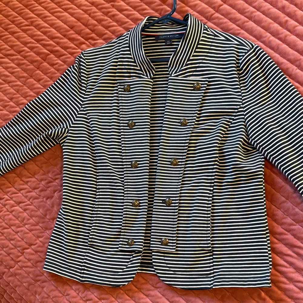 Tommy Hilfiger Black & White Striped Military-Style Blazer